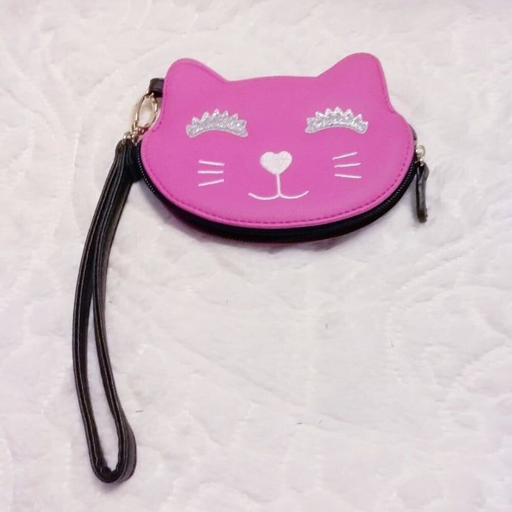 Luv Betsey Johnson Hot Pink Cat Face Wristlet Wallet Silver Glitter Eyebrows